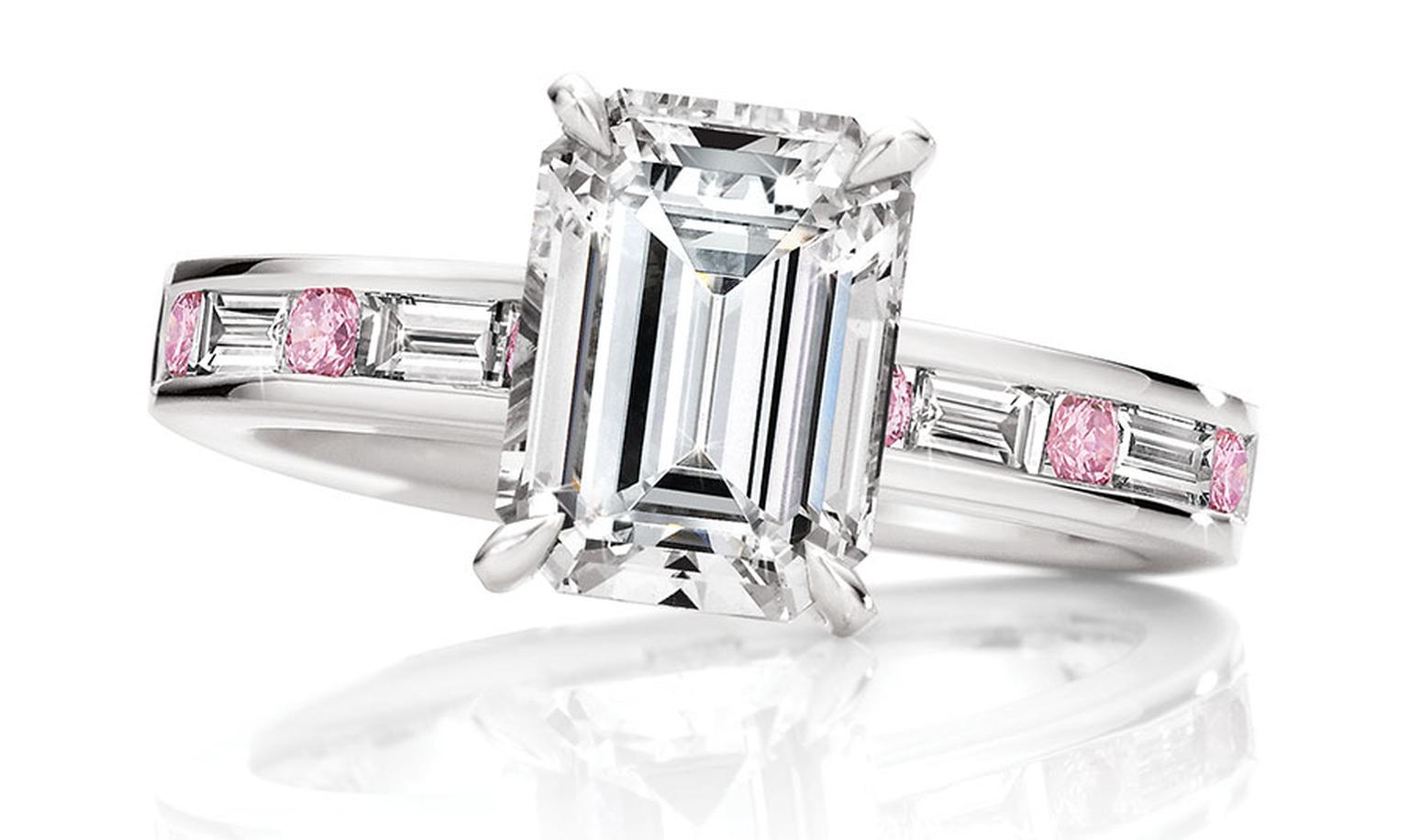 Calleija. Evangeline.1.17ct emerald cut white diamond ringset in 18ct white gold with baguette cut white diamonds and round brilliant cut Pink Diamonds.POA.jpg