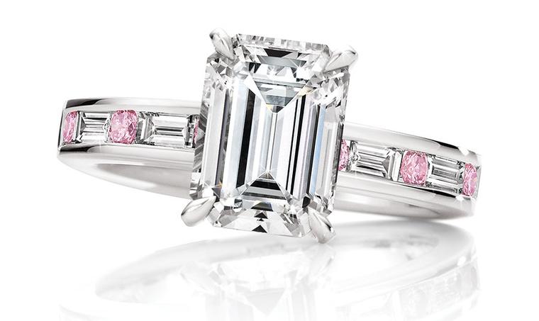 Calleija. Evangeline.1.17ct emerald cut white diamond ringset in 18ct white gold with baguette cut white diamonds and round brilliant cut Pink Diamonds.POA.jpg