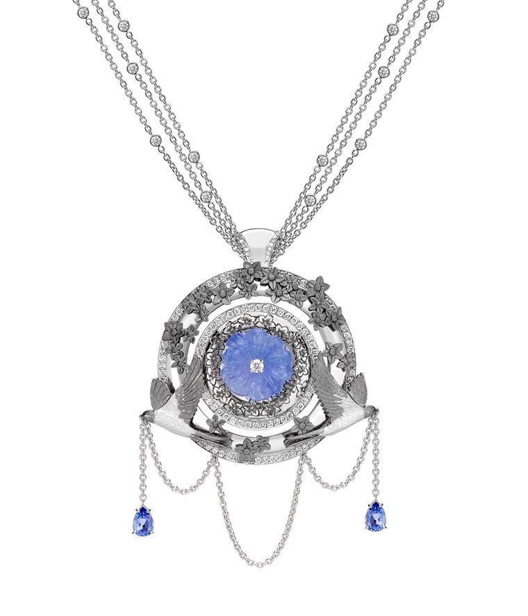 Part of Theo Fennell's Summer Suite, the Carved Tanzanite Swallow Pendant in 18ct white gold features a central 6.75ct tanzanite carved into the shape of a forget-me-knot and can also be worn as a brooch (£26,000).