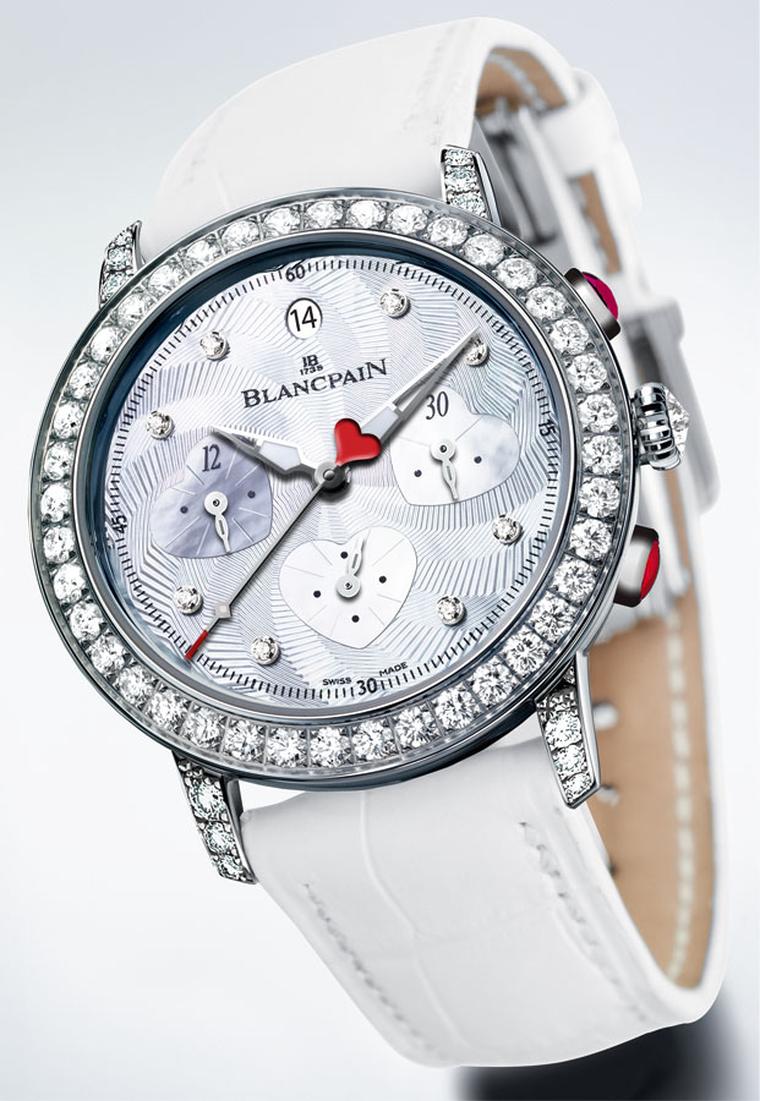 Valentines - Blancpain The Saint-Valentin Chronograph watch Calibre F185 in white gold with diamonds, cabochon-cut rubies with a white leather strap POA jpg