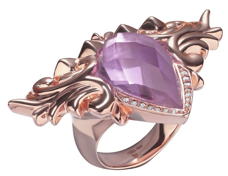 Valentines - Stephen-Webster-Superstud-Baroque-Fleur-de-Lis-Ring-set-in-Rose-Gold-plated-sterling-silver-with-Pink-Quartz-set-over-White-Mother-of-Pearl-and-White-Diamonds---£970