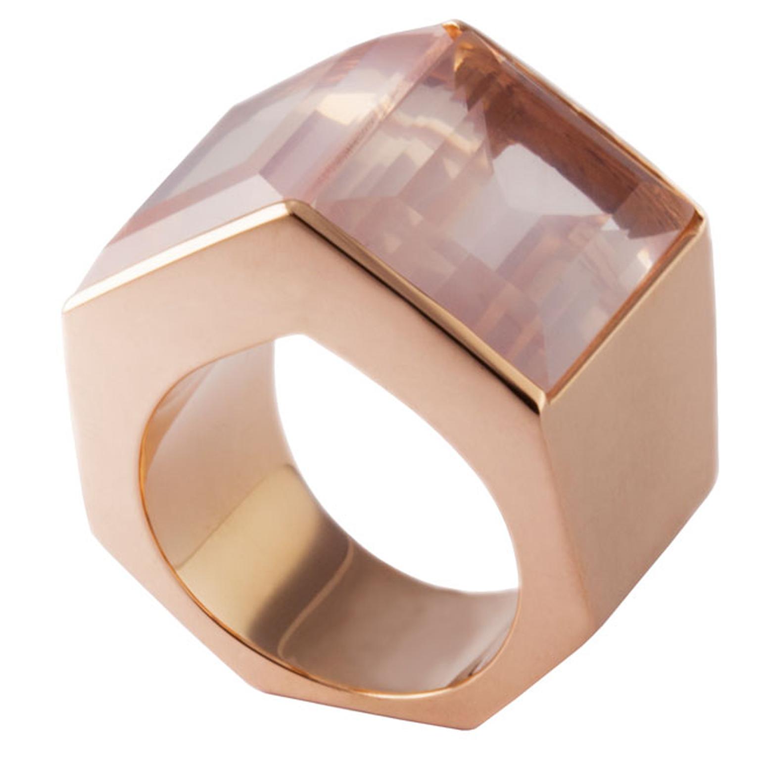 Kattri Polygon Tall rose gold and rose quartz ring_main