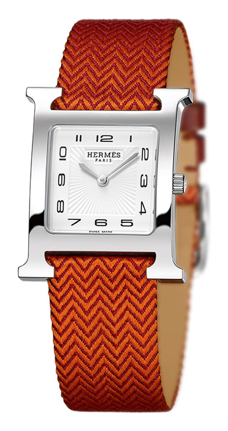 Hermes H Heure on orange silk strap