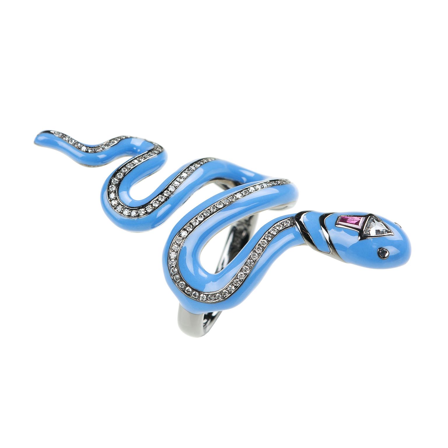 Nikos Koulis Blue enamel and diamond snake ring_zoom