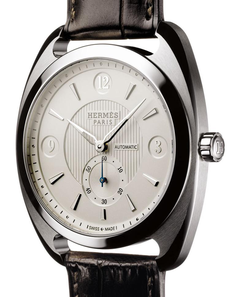 Hermes. Dressage Small Second Watch in silver, steel and black alligator strap. Price from £7,050
