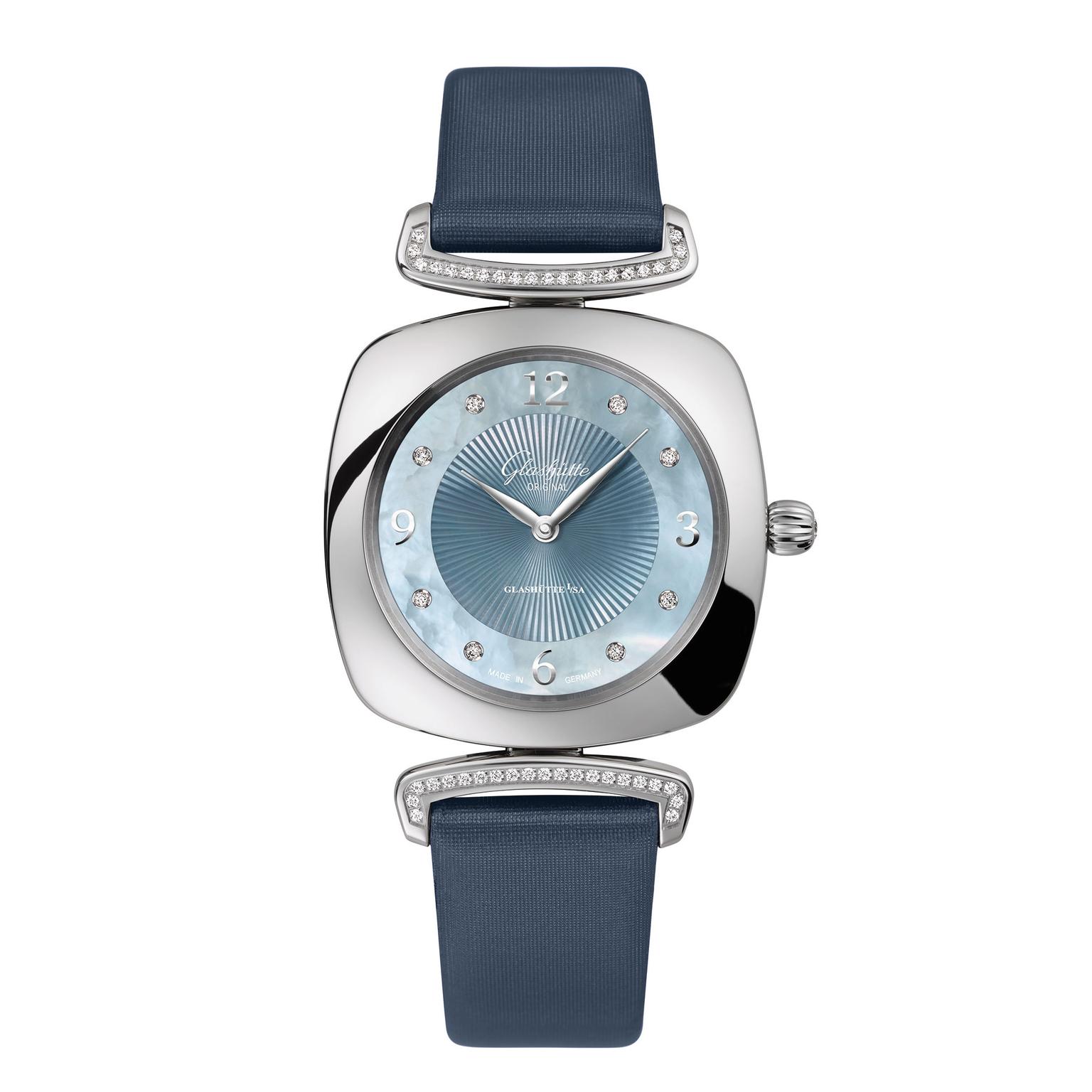 Glashutte Pavonina stainless steel with diamonds MOP dial and navy blue strap_zoom