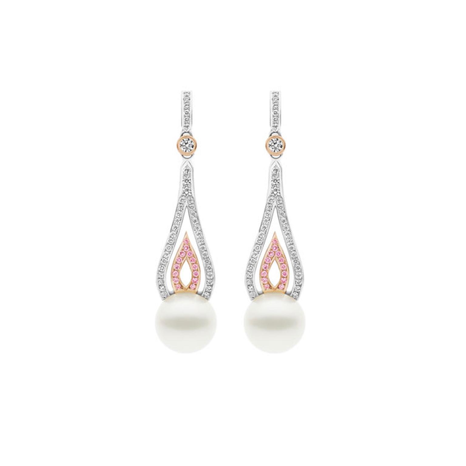 Kailis flame earrings with pearls and white and pink pavé diamonds_main