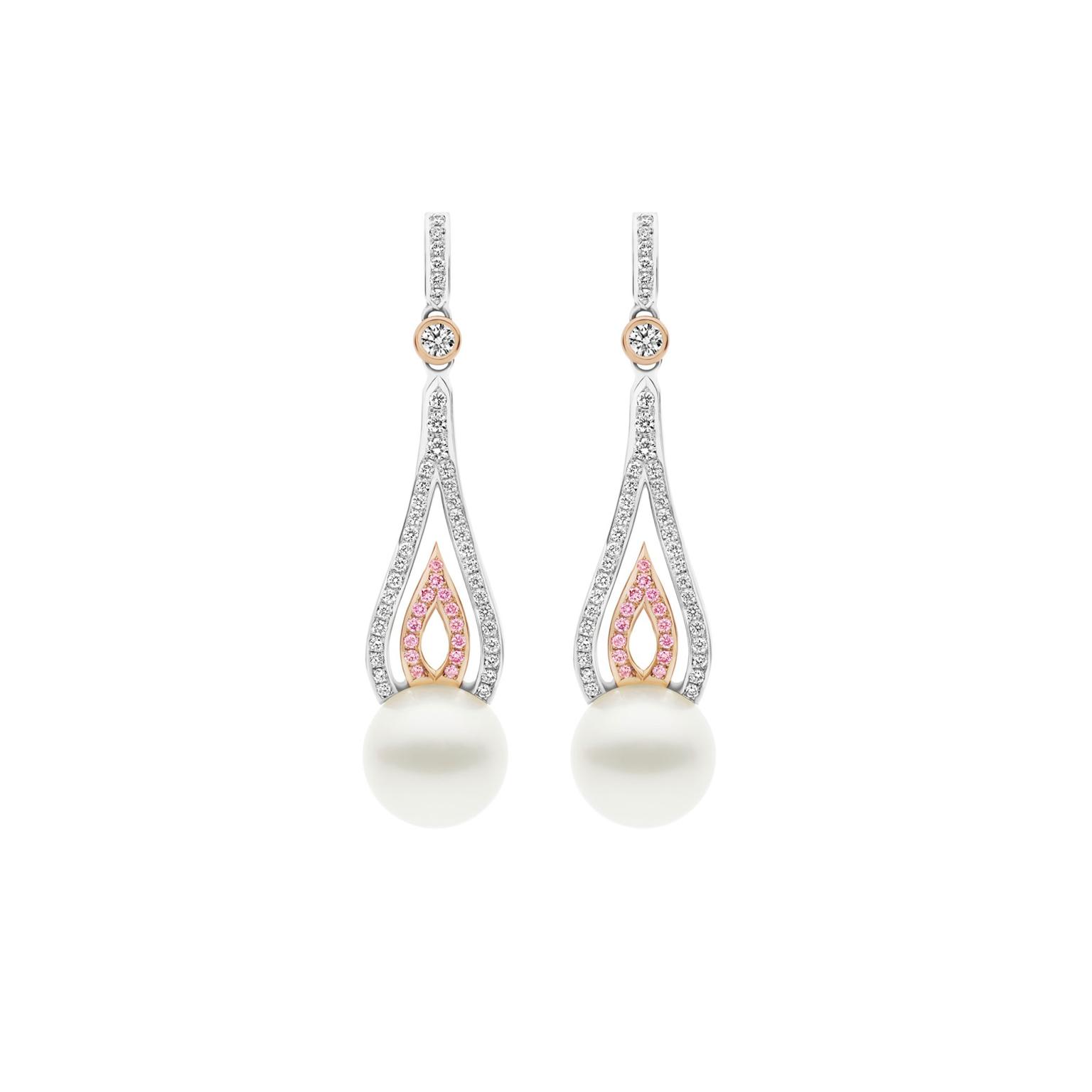 Kailis flame earrings with pearls and white and pink pavé diamonds_zoom