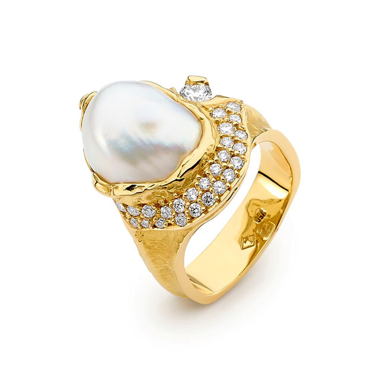 Linneys 18ct yellow gold Australian South Sea seedless pearl and diamond ring_main
