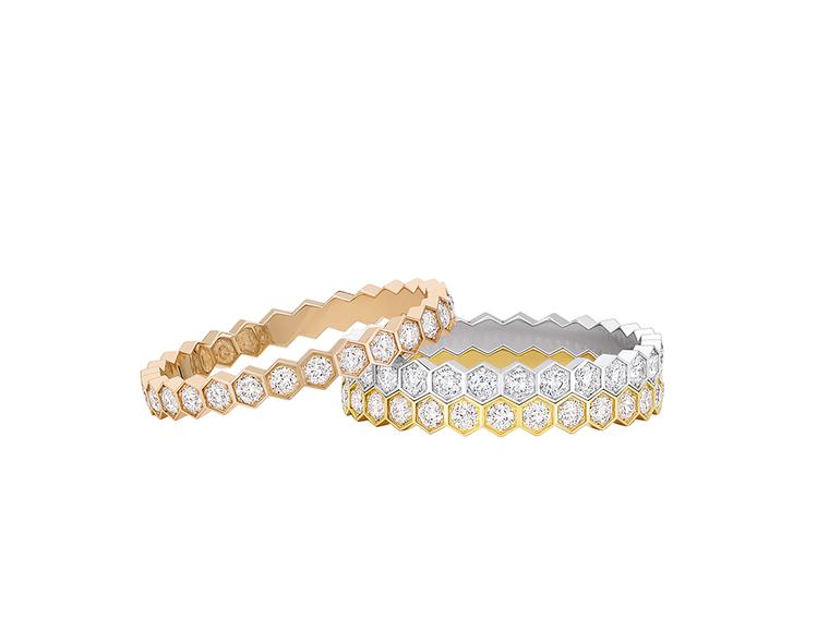Chaumet Bee My Love stacking rings in pink gold, yellow gold and white gold, with pavé diamonds.