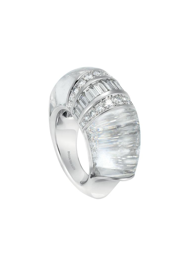 Boucheron Hotel de la Lumière Cascade de Diamants ring in white gold set with rock crystal and white diamonds.