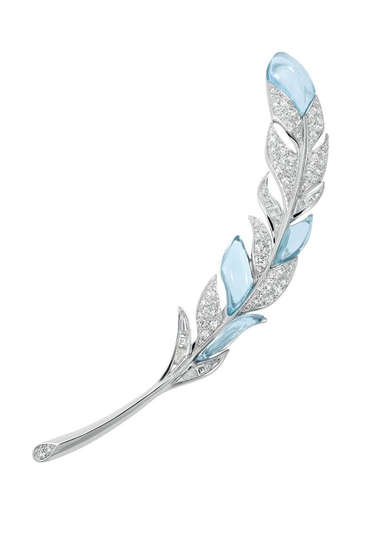 Boucheron Hotel de la Lumière Paon de Lune brooch in white gold, with white diamonds and aquamarine set on a meteorite and diamond base.