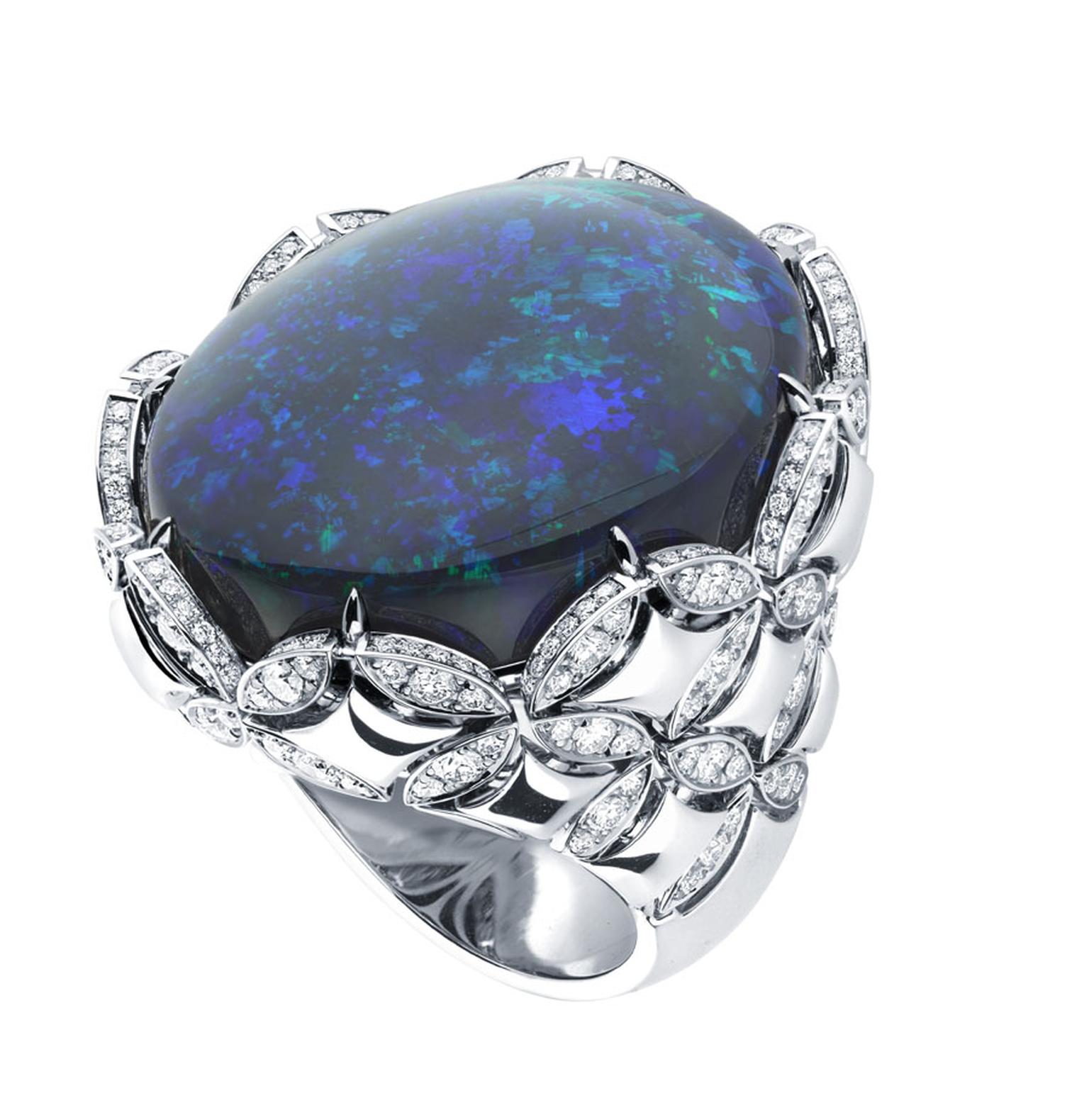 Louis Vuitton's Voyage dans le Temps Galaxie Monogram ring in white gold with an impressive 45.50ct black Australian cabochon opal