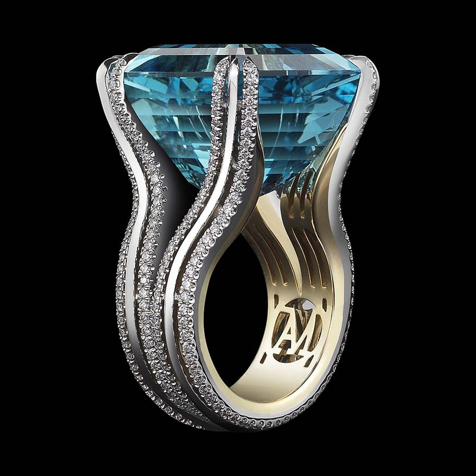 The Ode to Enchanted Light aquamarine ring from Alexandra Mor is set with an extraordinary 27.24ct Asscher-cut intense bright blue-green aquamarine.