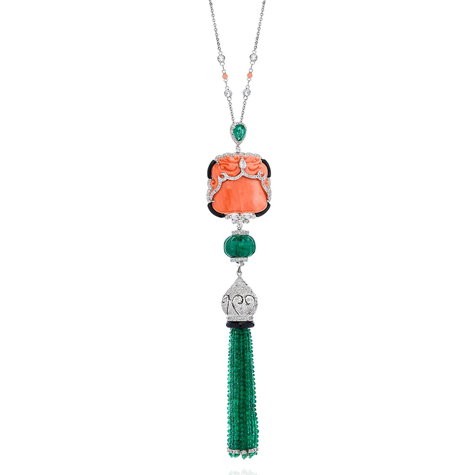 White gold, emerald, coral and diamond tassel necklace by Nigaam at Talisman Gallery, Harvey Nichols, London