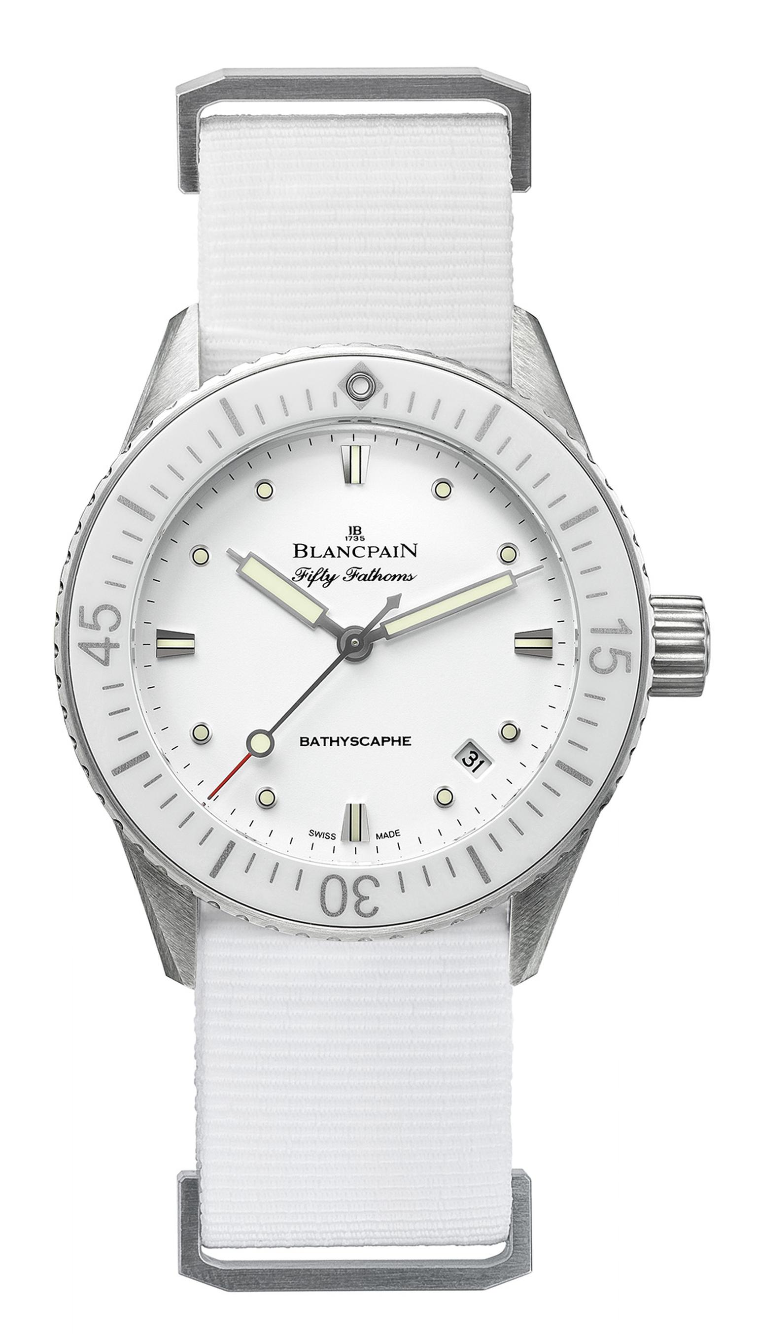 Blancpain's all-white Fifty Fathoms Bathyscaphe dive watch.