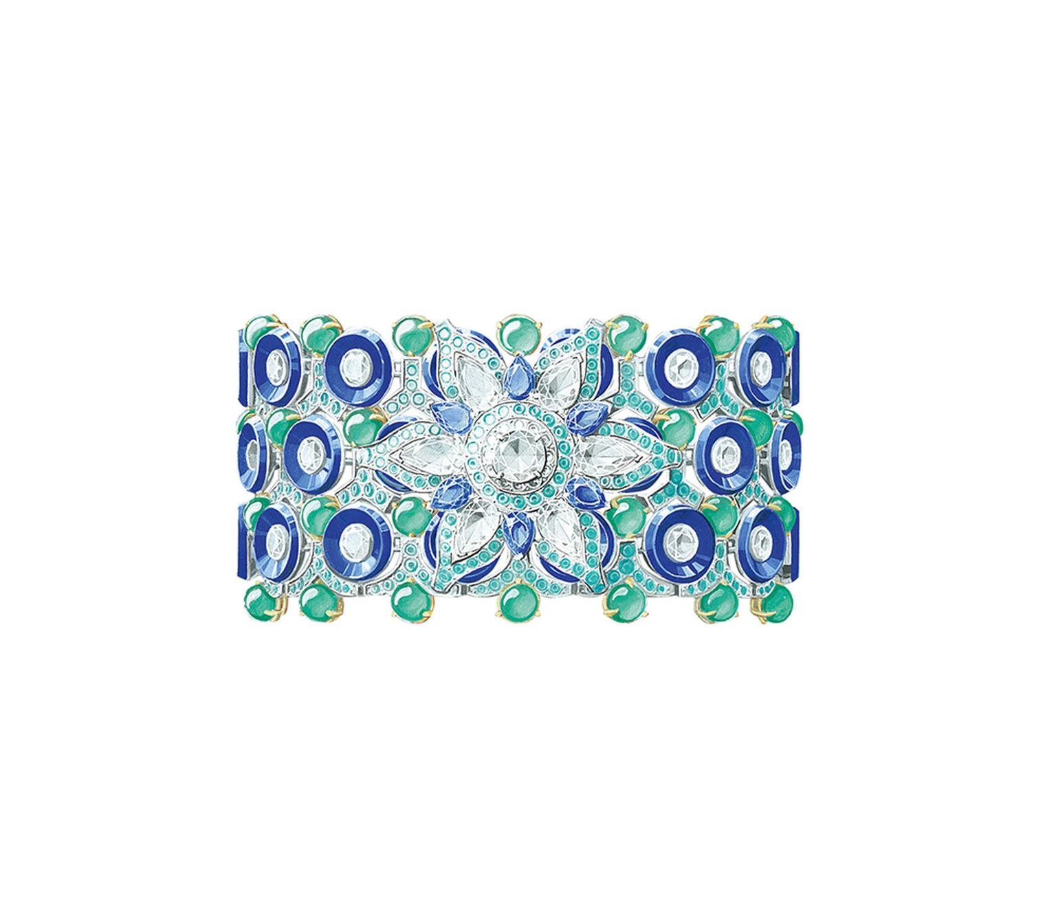 Van Cleef & Arpels Geometric Flower bracelet from the Pierres de Caractere Variations collection with pear-shaped sapphires, lapis lazuli, chrysoprase beads, Paraiba-like tourmalines and round diamonds set in white and yellow gold.