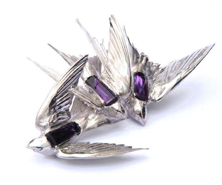 Jordan Askill Intercepted Swallows brooch with amethyst