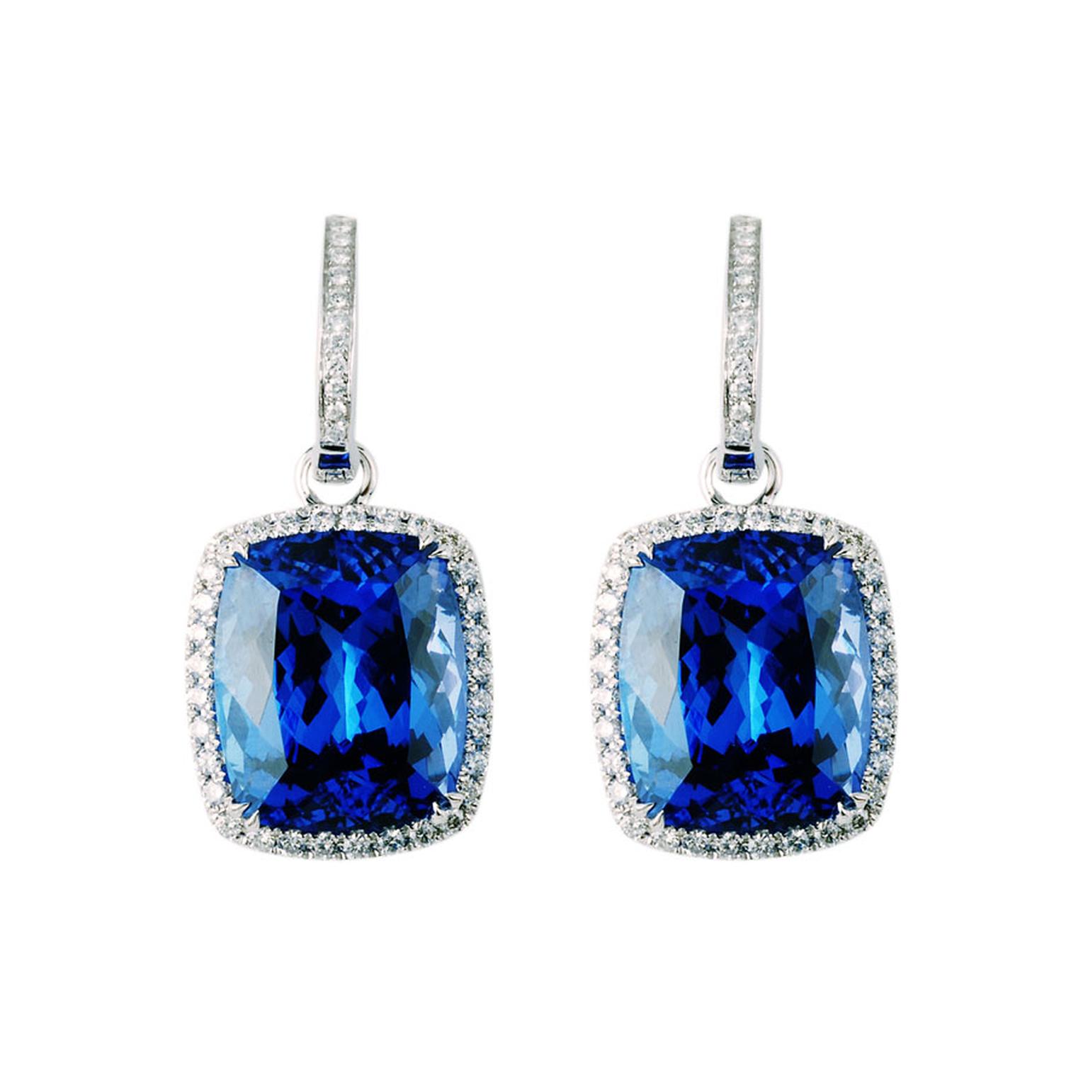 TanzaniteOne Josephine earrings with two cushion cut tanzanite stones surrounded by pavé diamonds.