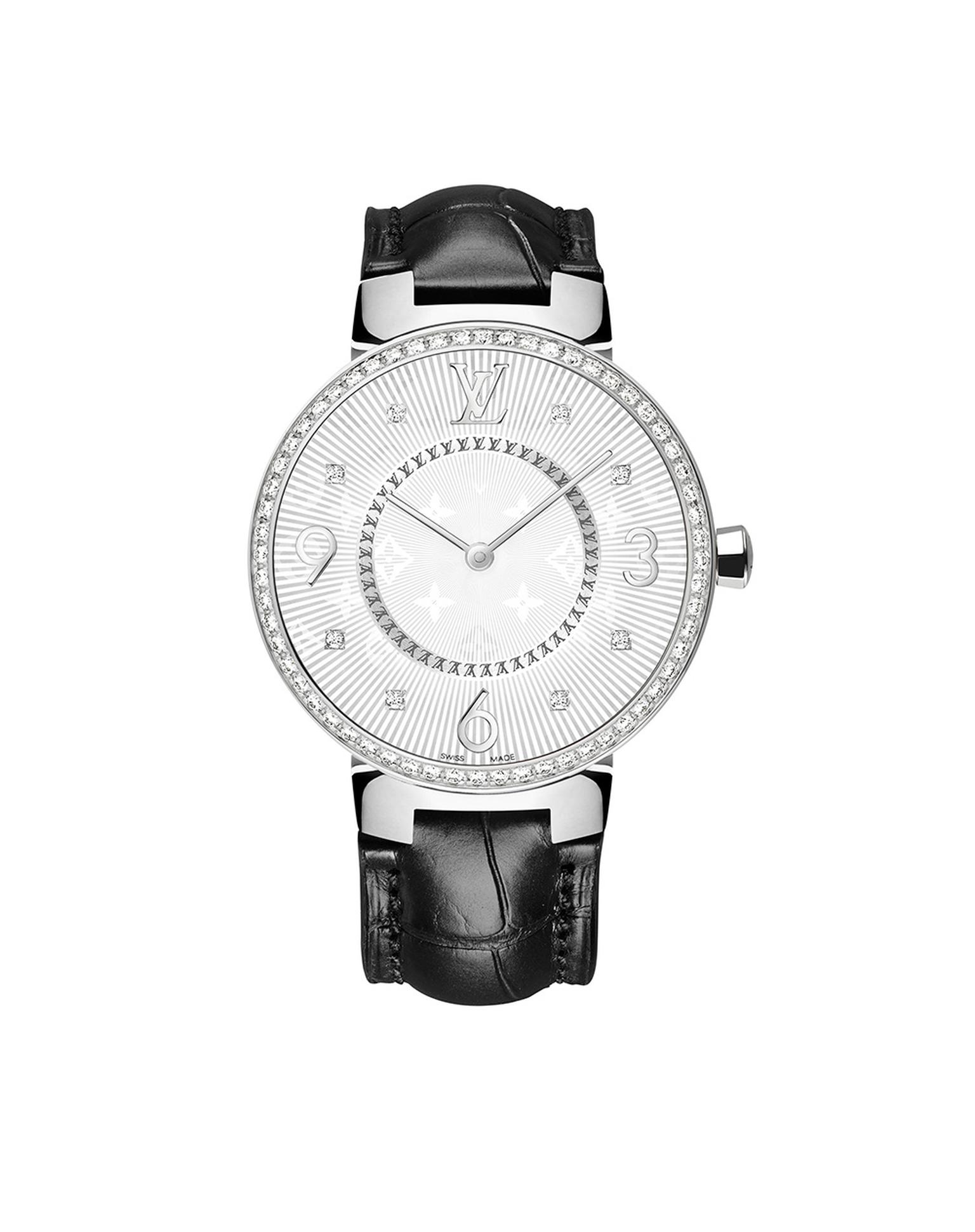 Louis Vuitton Tambour Monogram Acier Serti 33mm watch with a steel case, diamond-set bezel with a quartz movement on a black alligator strap. © LOUIS VUITTON. Auteur: I REEL.