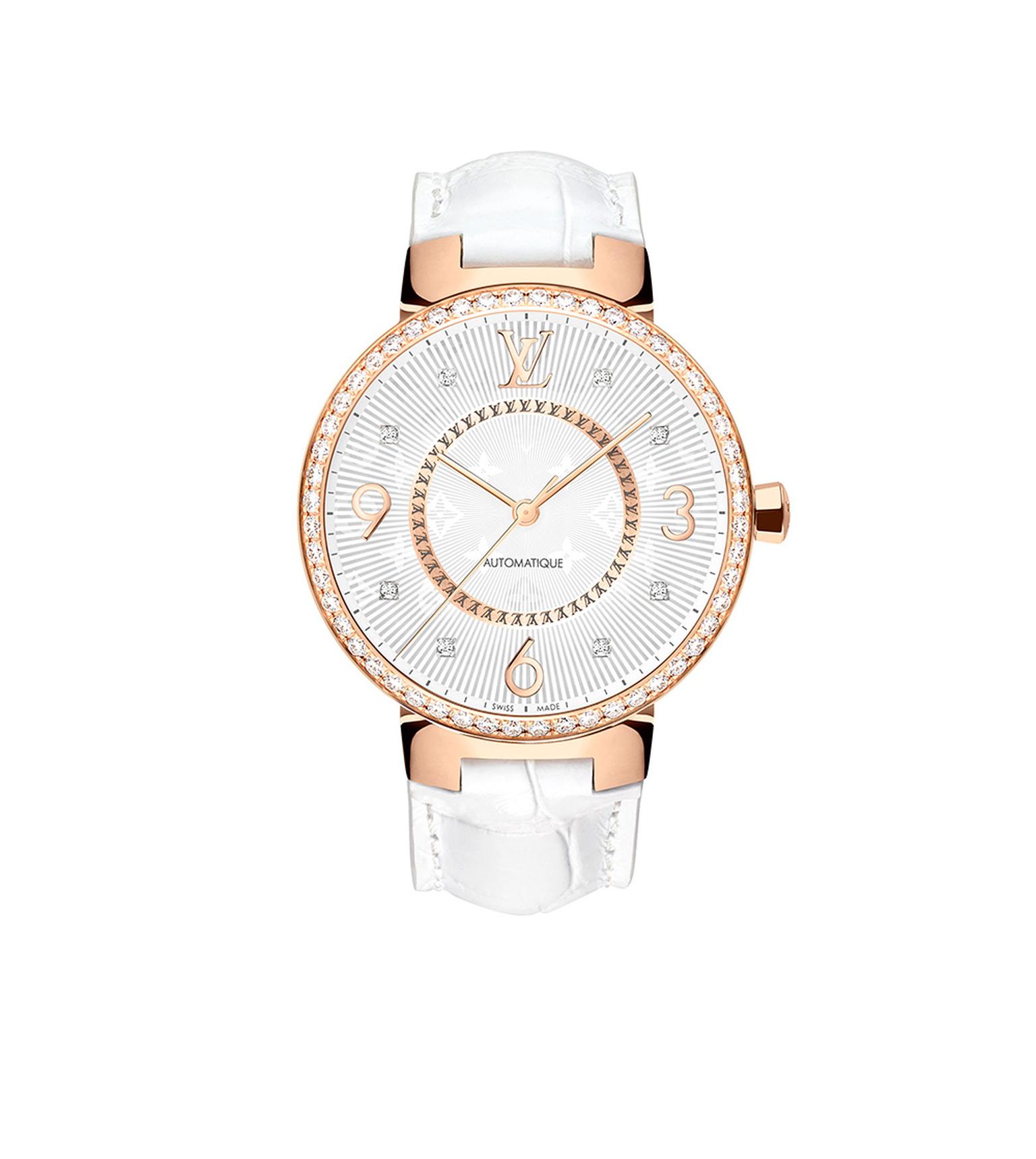 Louis Vuitton White Ceramic Gold Plated Stainless Steel Leather Monterey  LV2 180316 Women's Wristwatch 37 mm