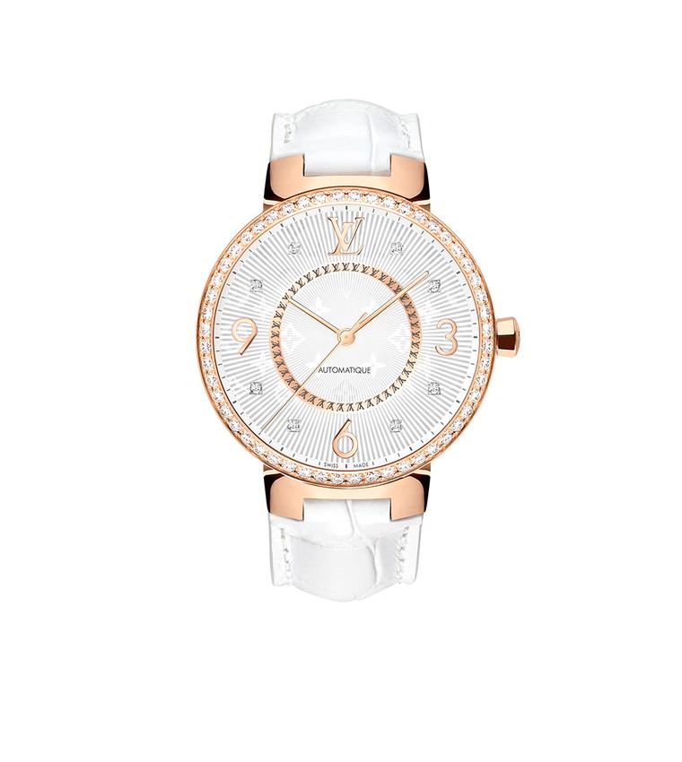 Louis Vuitton Tambour Monogram Or Rose Serti 35mm watch with a pink gold case, diamond-set bezel with an automatic movement on a white alligator strap. © LOUIS VUITTON. Auteur: I REEL.