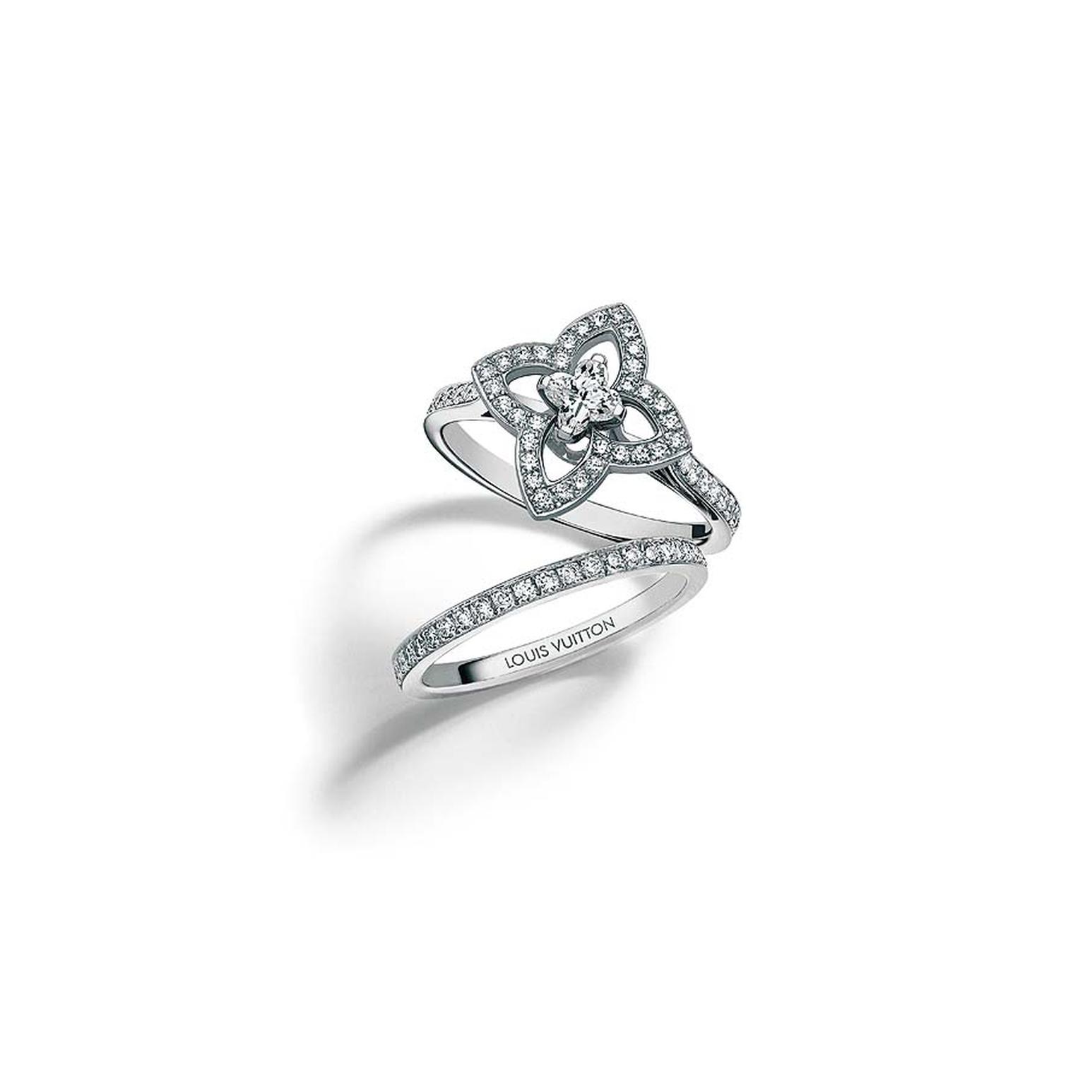 Louis Vuitton Eternite´ wedding band in white gold and diamonds and Les Ardentes solitaire engagement ring in white gold and diamonds, set with a Louis Vuitton Flower Cut diamond