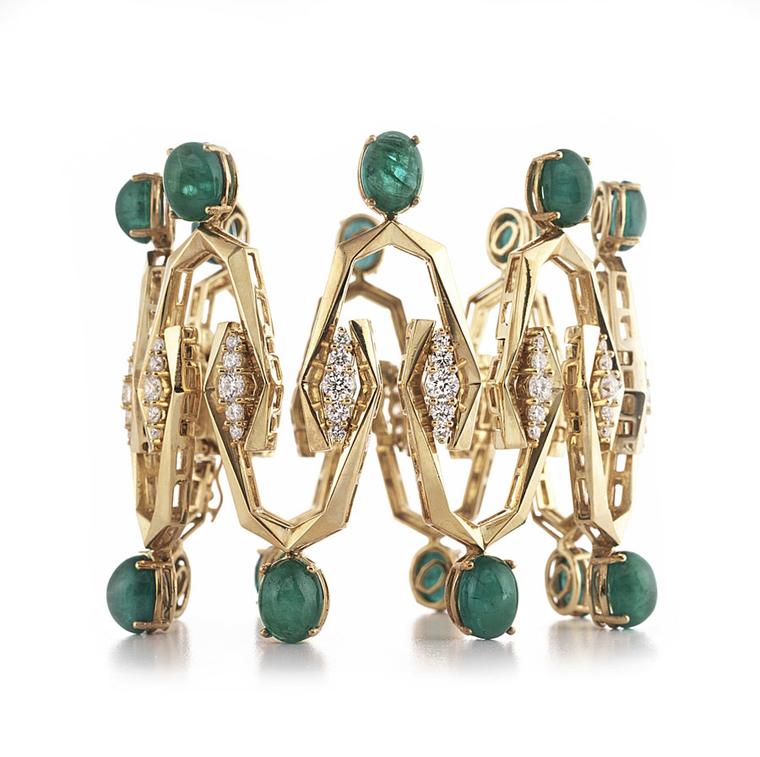 Octium for Gemfields bespoke gold bracelet, featuring oval cabochon-cut Gemfields Zambian emeralds and white diamonds (£POA).