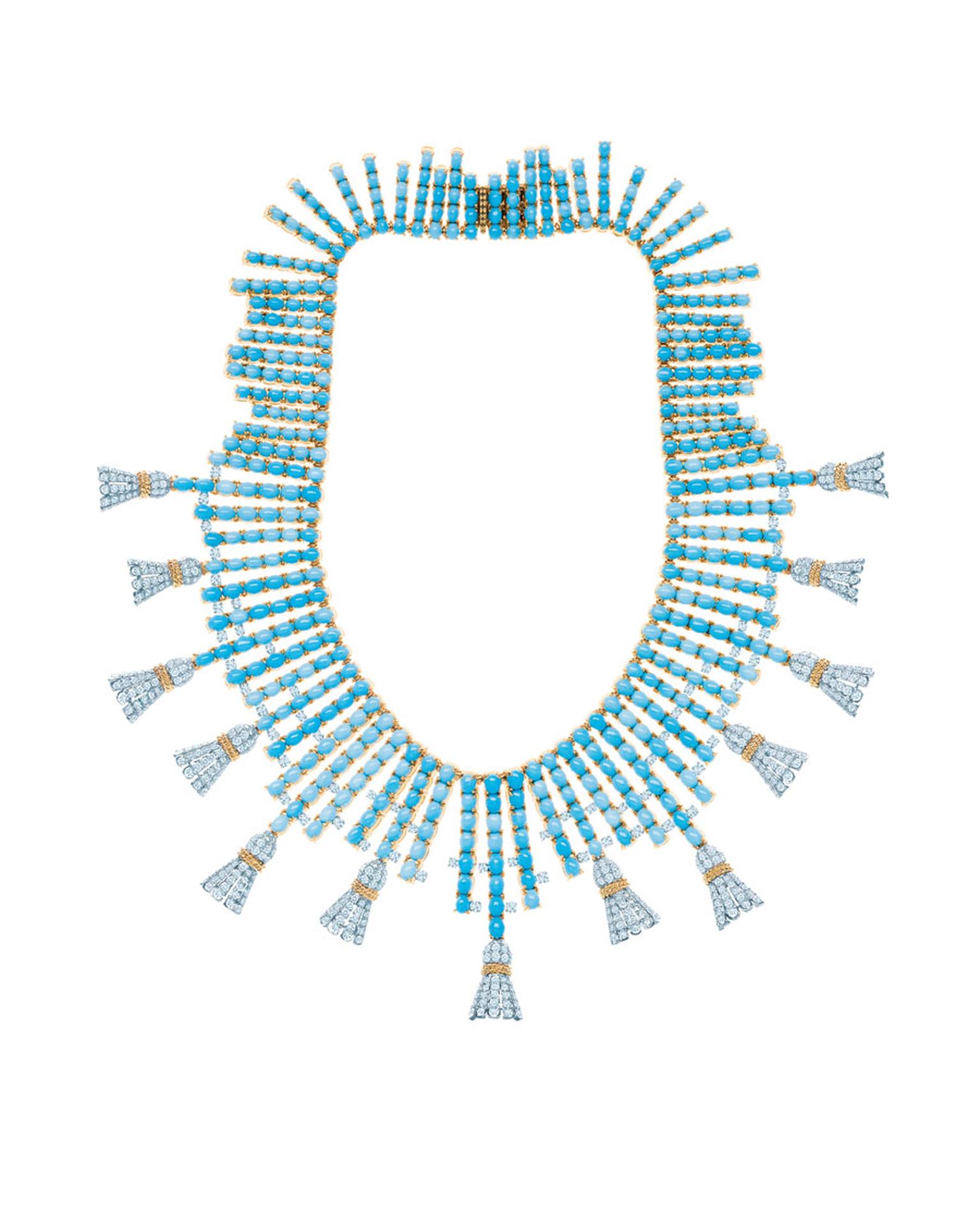 Tiffany & Co. Tassels necklace with turquoise stones and round diamonds set in yellow gold and platinum, inspired by an original design by Jean Schlumberger