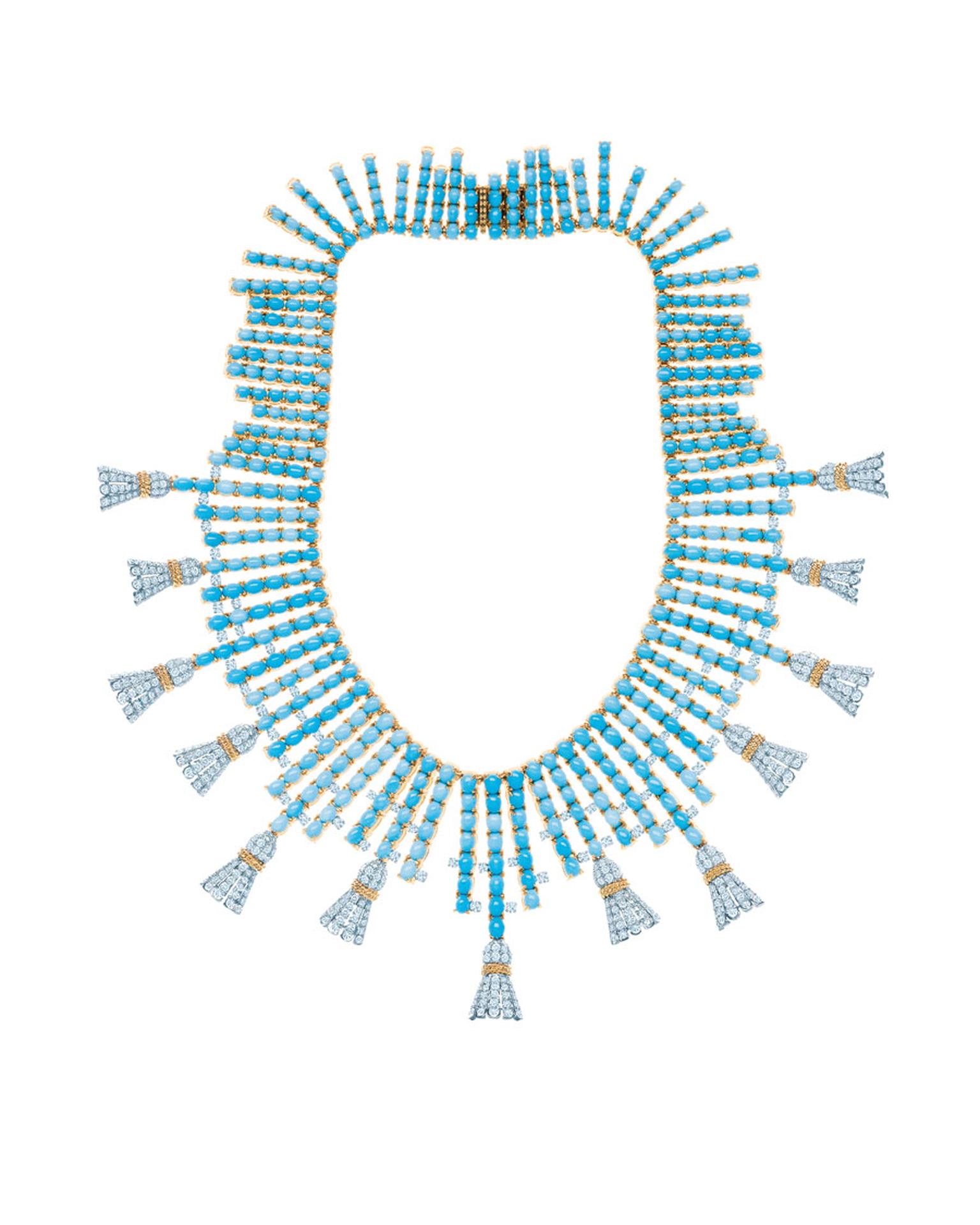 Tiffany & Co. Tassels necklace with turquoise stones and round diamonds set in yellow gold and platinum, inspired by an original design by Jean Schlumberger