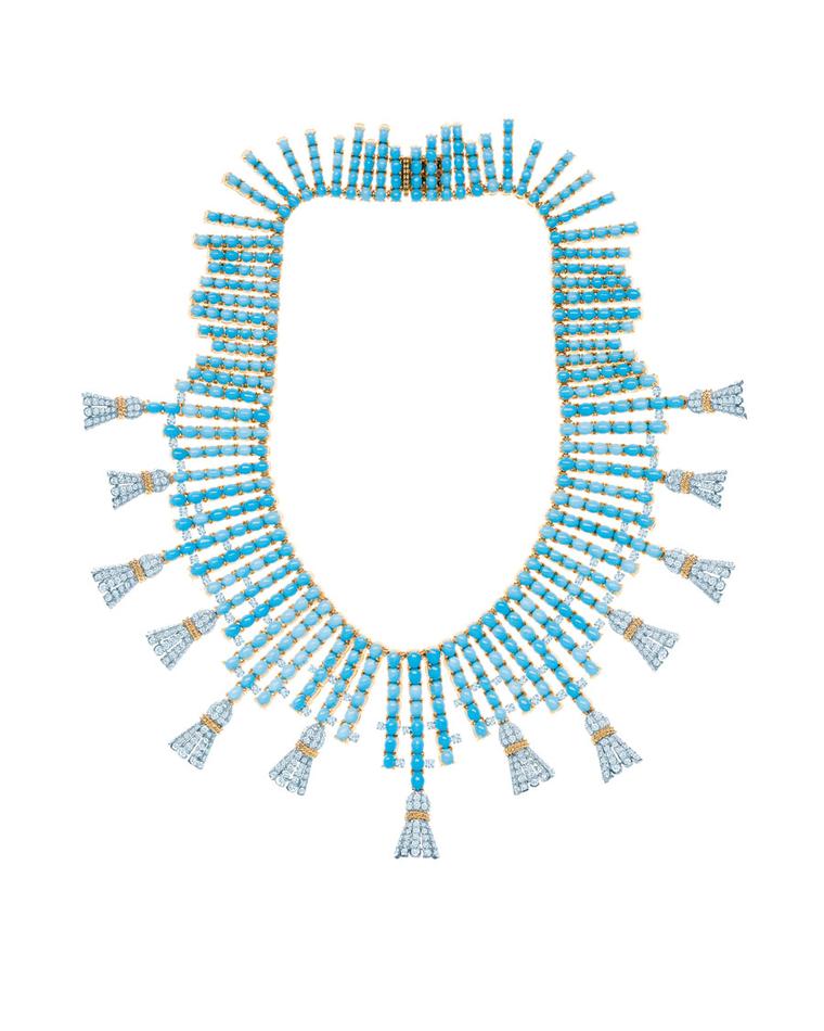 Tiffany & Co. Tassels necklace with turquoise stones and round diamonds set in yellow gold and platinum, inspired by an original design by Jean Schlumberger