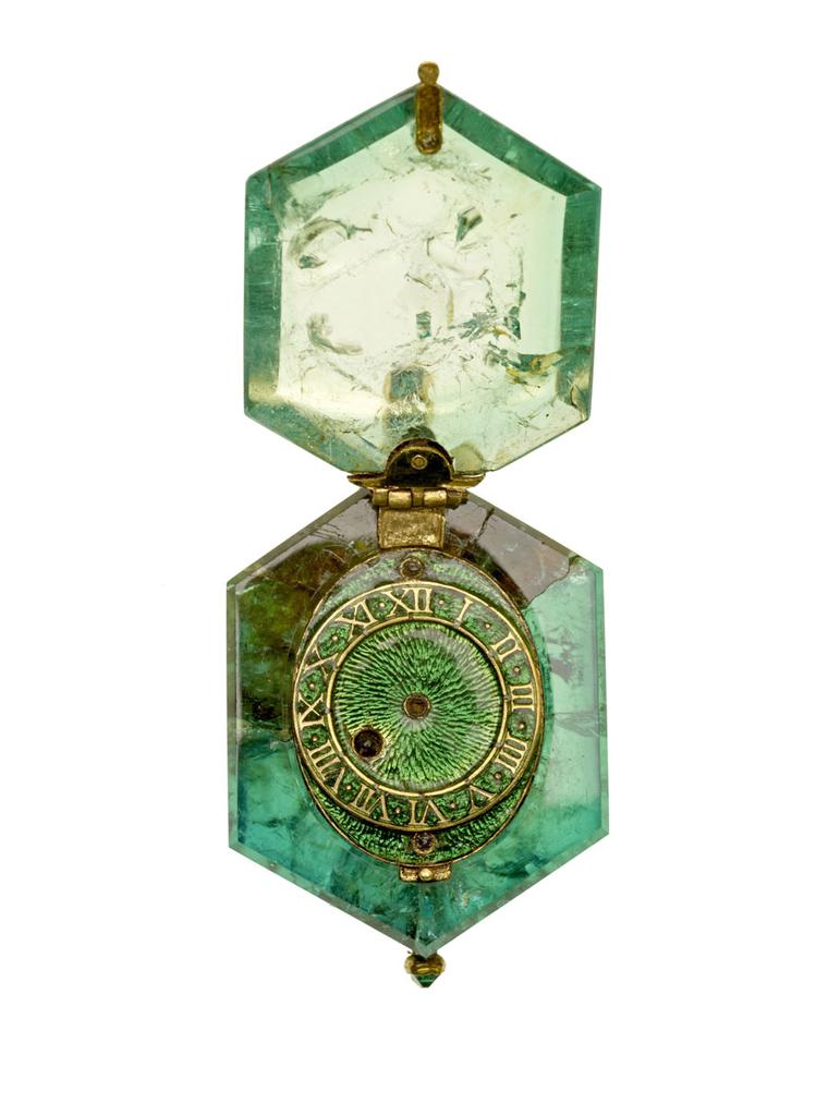 The watch, set into a single Colombian emerald crystal, dates from around 1600 and was discovered as part of the Cheapside Hoard in 1912.
