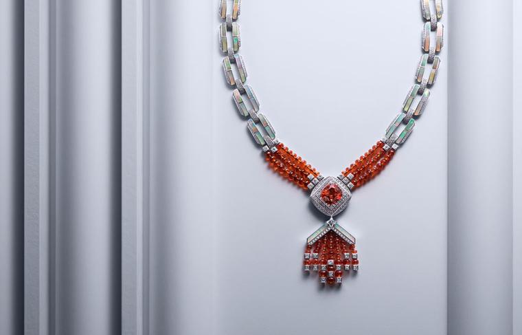 Louis Vuitton white gold Chain Attraction necklace with a 20.01ct Mandarin garnet and star-cut diamond, alongside opals, mandarin garnet beads and diamonds