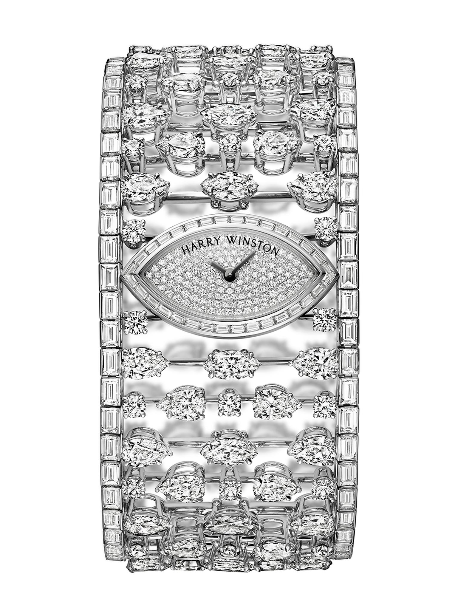 The one-of-a-kind Harry Winston Mrs Winston High Jewelery Timepiece is set with 230 diamonds (£POA).