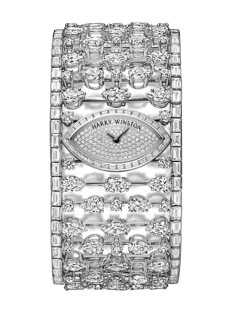 The one-of-a-kind Harry Winston Mrs Winston High Jewelery Timepiece is set with 230 diamonds (£POA).