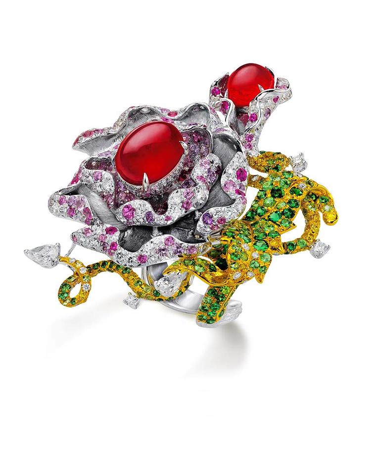The Anna Hu Dragon Flower ring, set with two rubies of 6.71ct, pear-shape diamonds, white and yellow diamonds, and multi-coloured sapphires, worn by Scarlett Johansson to the 2011 Oscars.