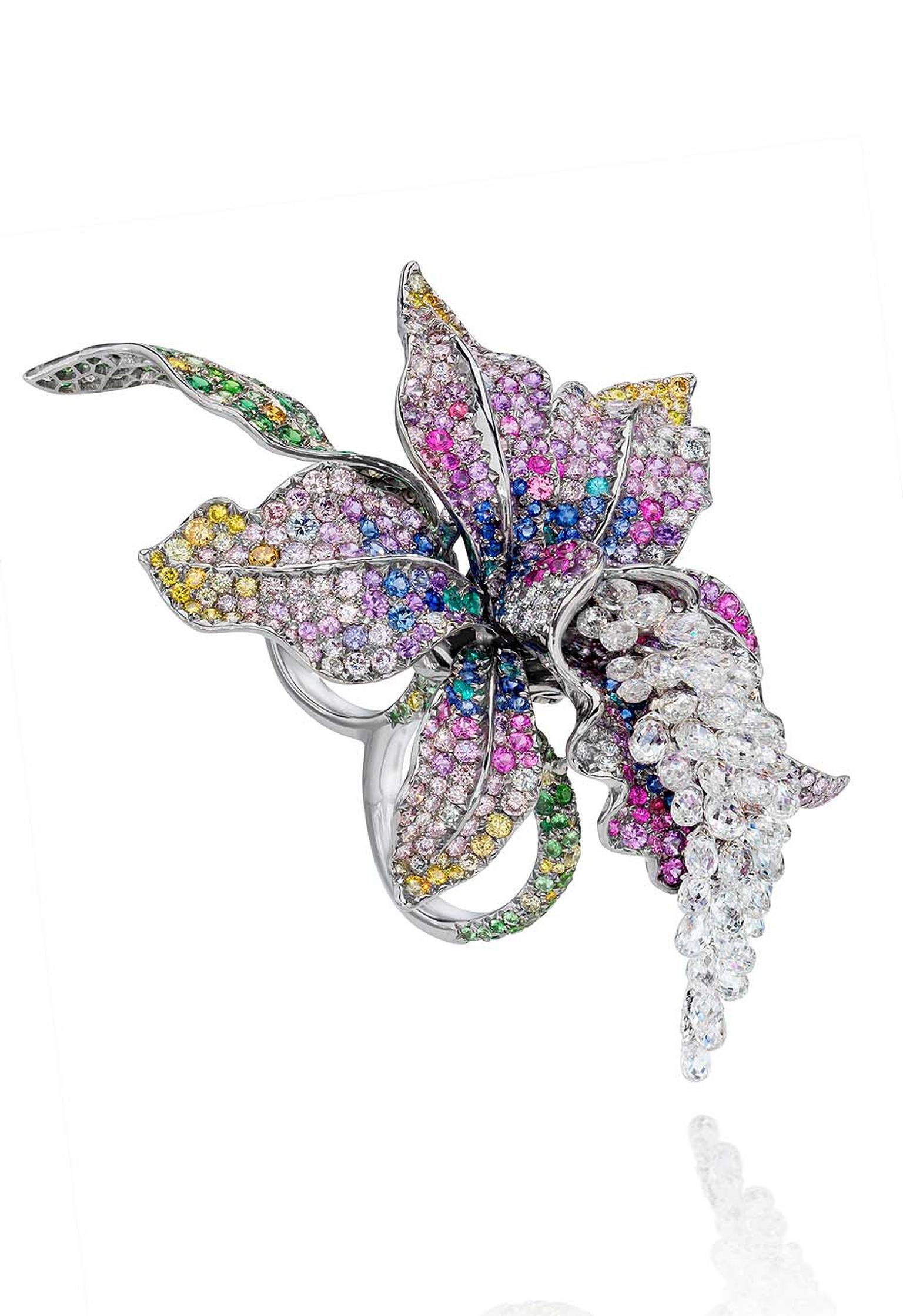 Anna Hu Enchanted Orchid Duo ring in white gold, set with 49 briolette diamonds totalling 12.19ct, multi-coloured sapphires, multi-coloured diamonds and Paraiba tourmalines.
