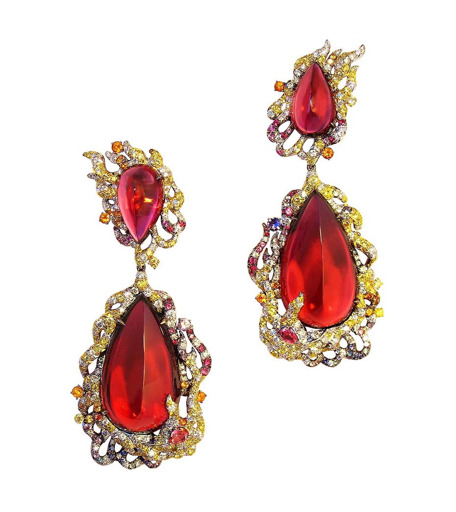 Anna Hu Fire Phoenix fine jewellery earrings in white and yellow gold, set with four rubellites totalling more than 120ct, diamonds, rubies, Paraiba tourmalines and multi-coloured sapphires.