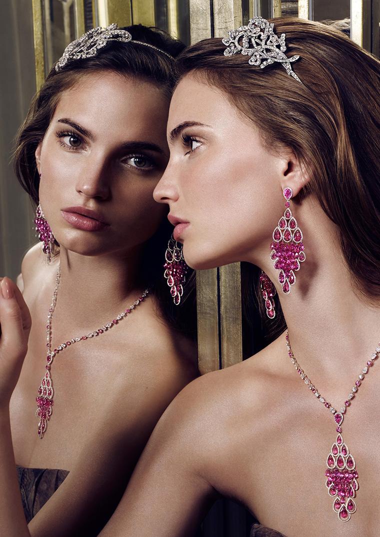 Graff Diamonds' floral motif Alice band, worn with briolette, pear shape and round  sapphire earrings and necklace, one of a collection of new diamond Alice bands that is tapping in to the trend for hair jewels.