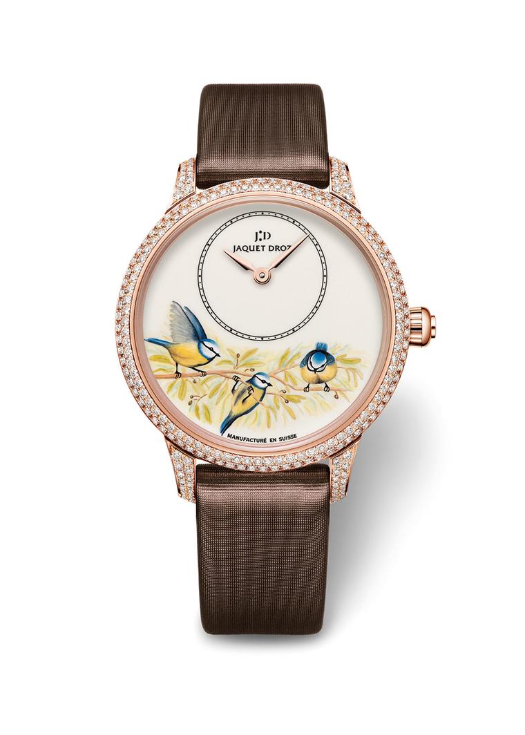 Jaquet Droz Petite Heure Minute 35mm Blue Birds watch.