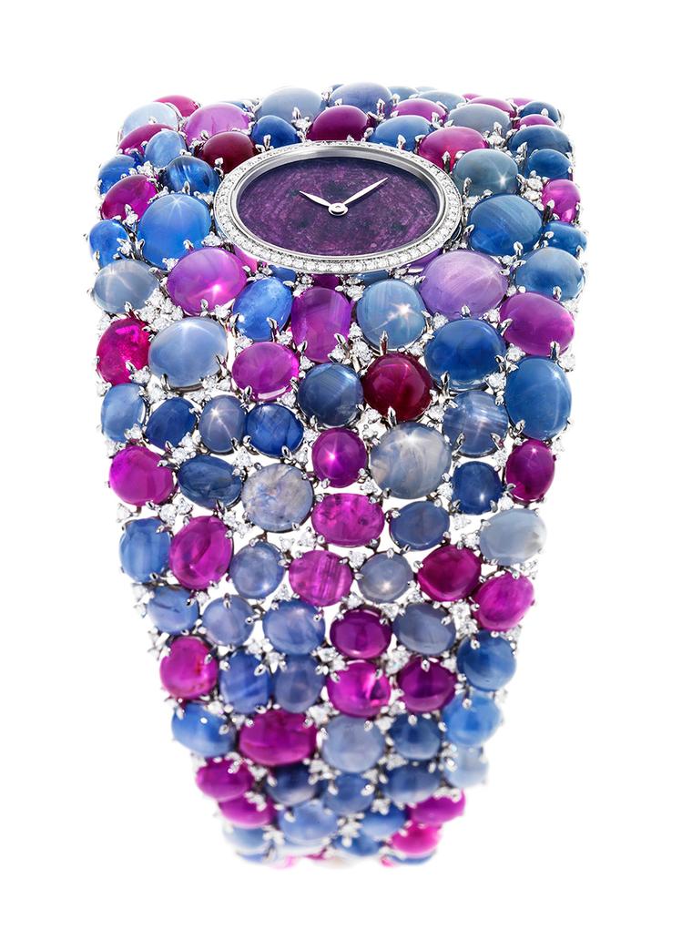 DeLaneau's Grace Stars jewellery watch is set with 118 star-cut rubies and sapphires as well as 276 diamonds. The dial is a slice of ruby known as a ruby heart, surrounded by 58 diamonds.