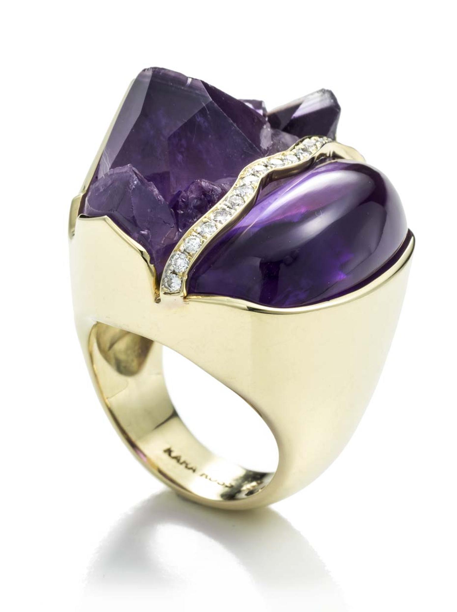 Kara Ross Petra split ring in yellow gold with raw and smooth amethyst and diamond ($7,500).