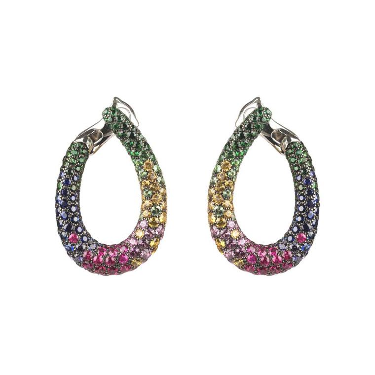 Boucheron Chameleon hoop earrings set with pavé round tsavorites, pink, blue, orange, yellow and purple sapphires, in blackened white gold.