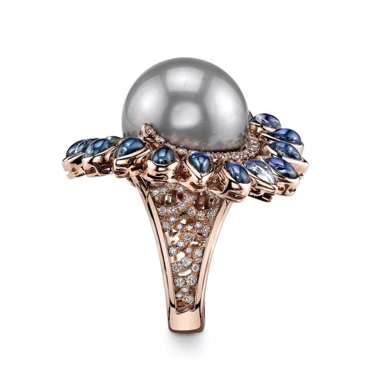 Evelyn H Jewelry Ocean Lullaby ring with a 16.5mm pearl, accented by surrounding diamonds and pear shaped, cabochon moonstones, set in rose gold ($25,000).