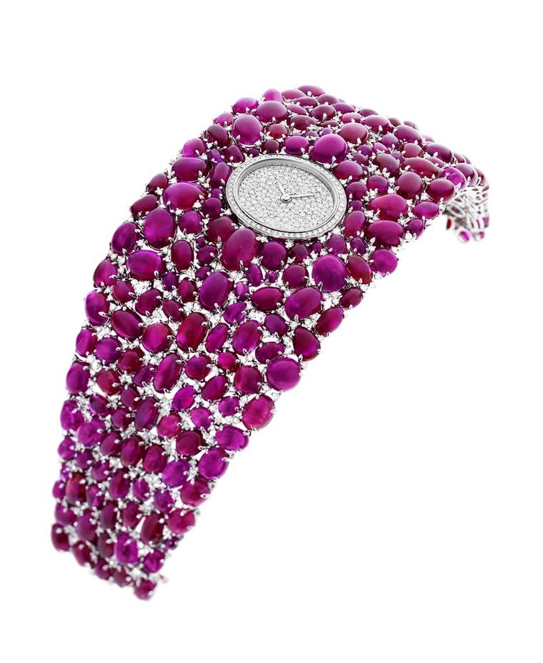 A finalist in the 'Jewellery' category at this year's Grand Prix d'Horlogerie de Genève, 218 diamonds add sparkle to the dial on DeLaneau's Grace Rubies jewellery watch.