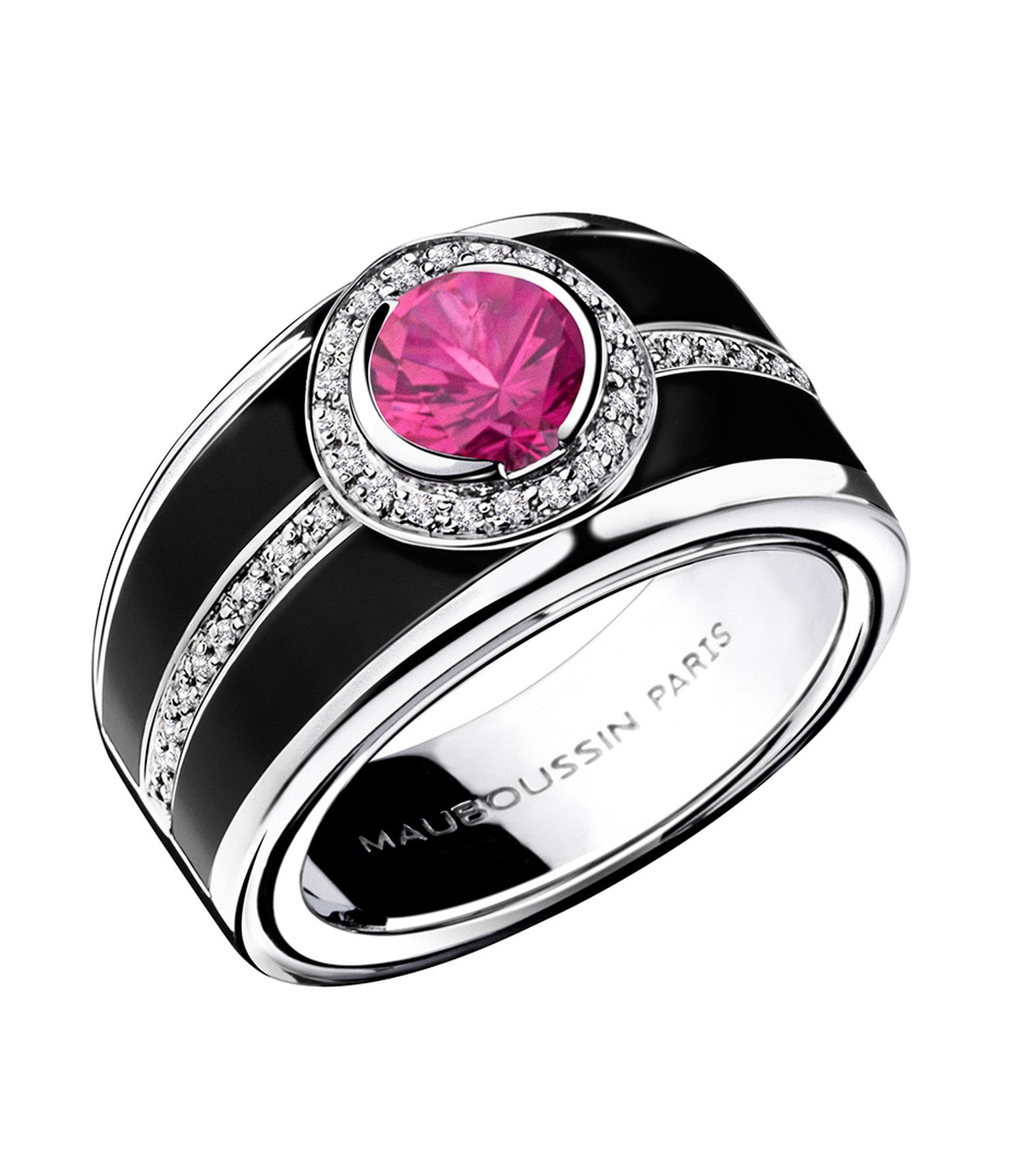 In black lacquer with a 1.03ct pink sapphire surrounded by pavé diamonds, Mauboussin's Bonbon Rose ring is also available with either a blue sapphire or black diamond ($7,850).