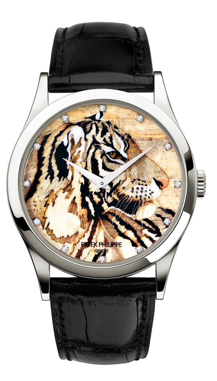 Patek Philippe Royal Tigers Calatrava watch Ref. 5077P, decorated with a tiger's head in wood marquetry, requiring 50 hours of work by a master marquetarian.