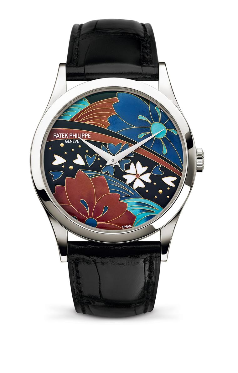 Patek Philippe Japanese Kimono Calatrava watch Ref. 5077. The cloisonné enamel dial required eight enamel colours and 12 firings.