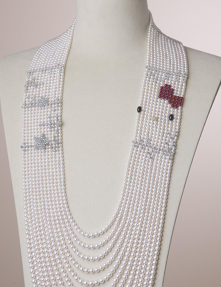 One of the standout pieces from Mikimoto's new 20-piece Hello Kitty collection includes this layered pearl necklace, which traces Hello Kitty’s face in diamonds, rubies and onyx pearls.