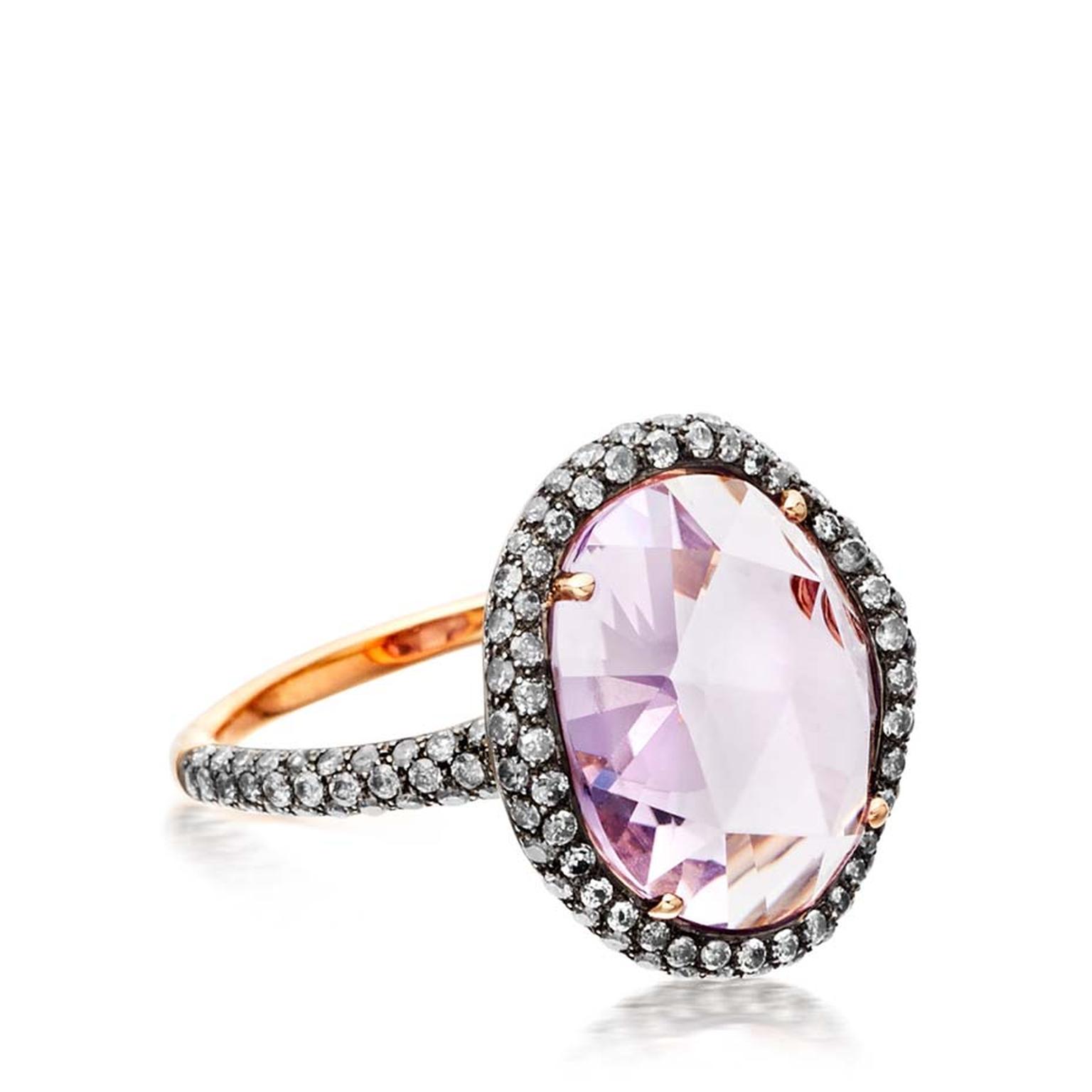 Astley Clarke medium Fao ring featuring a central Rose de France amethyst and molten pavé diamonds